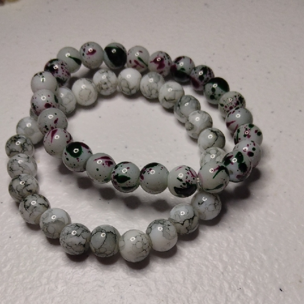 Chic Marble and Floral Beaded Bracelet Set